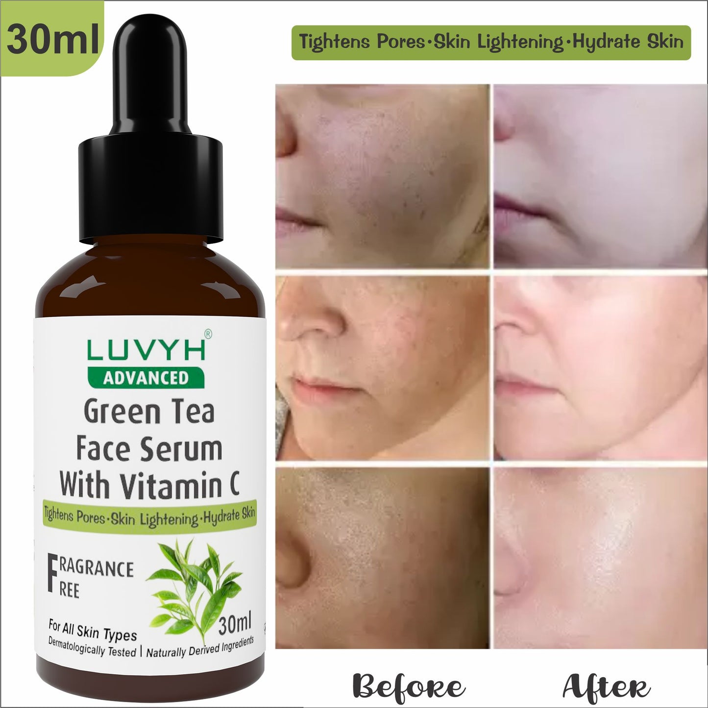 Before and After Results Green Tea Face Serum With Vitamin C
