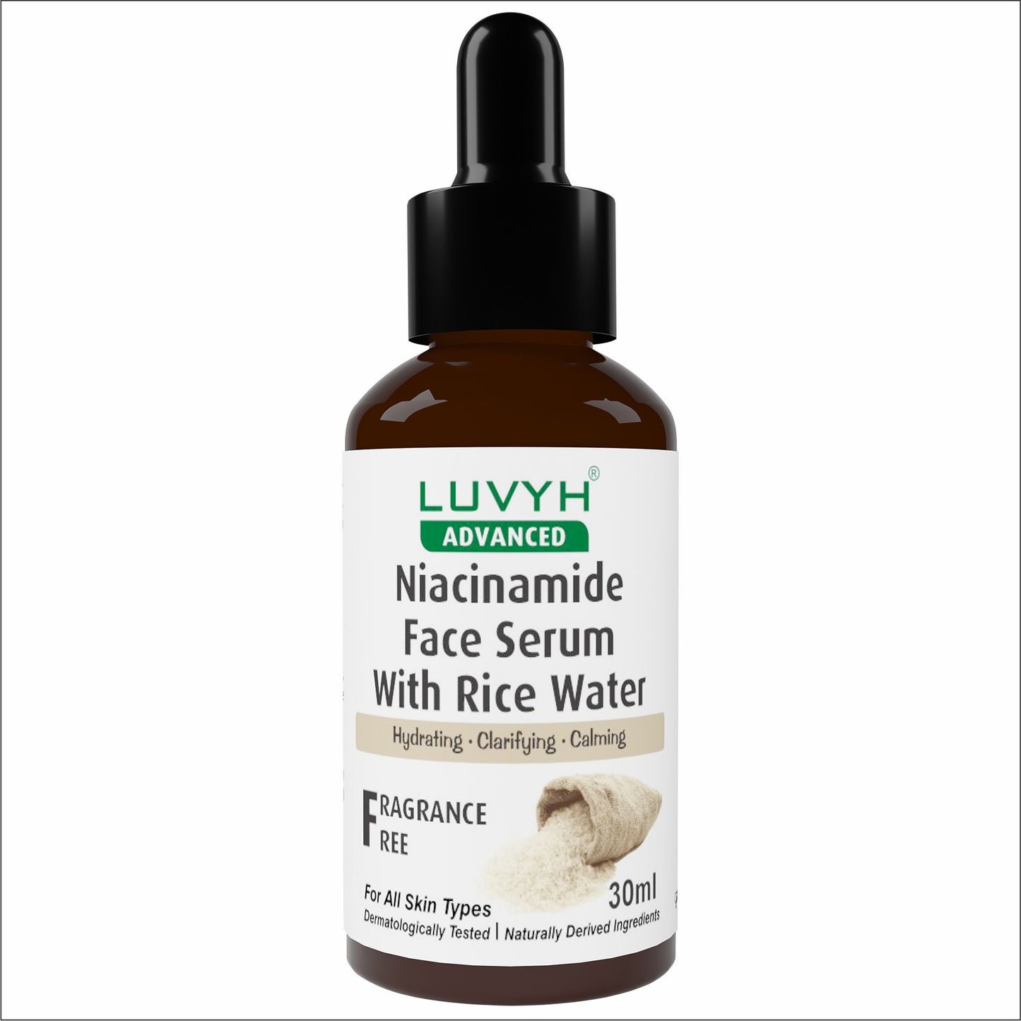 Luvyh Niacinamide Face Serum with Rice Water, Vitamin B3 with Japanese Fermented Rice Water, For Clear, Blemish-Free, Bright Skin, Suits All Skin Types, Fragrance-Free 30ML