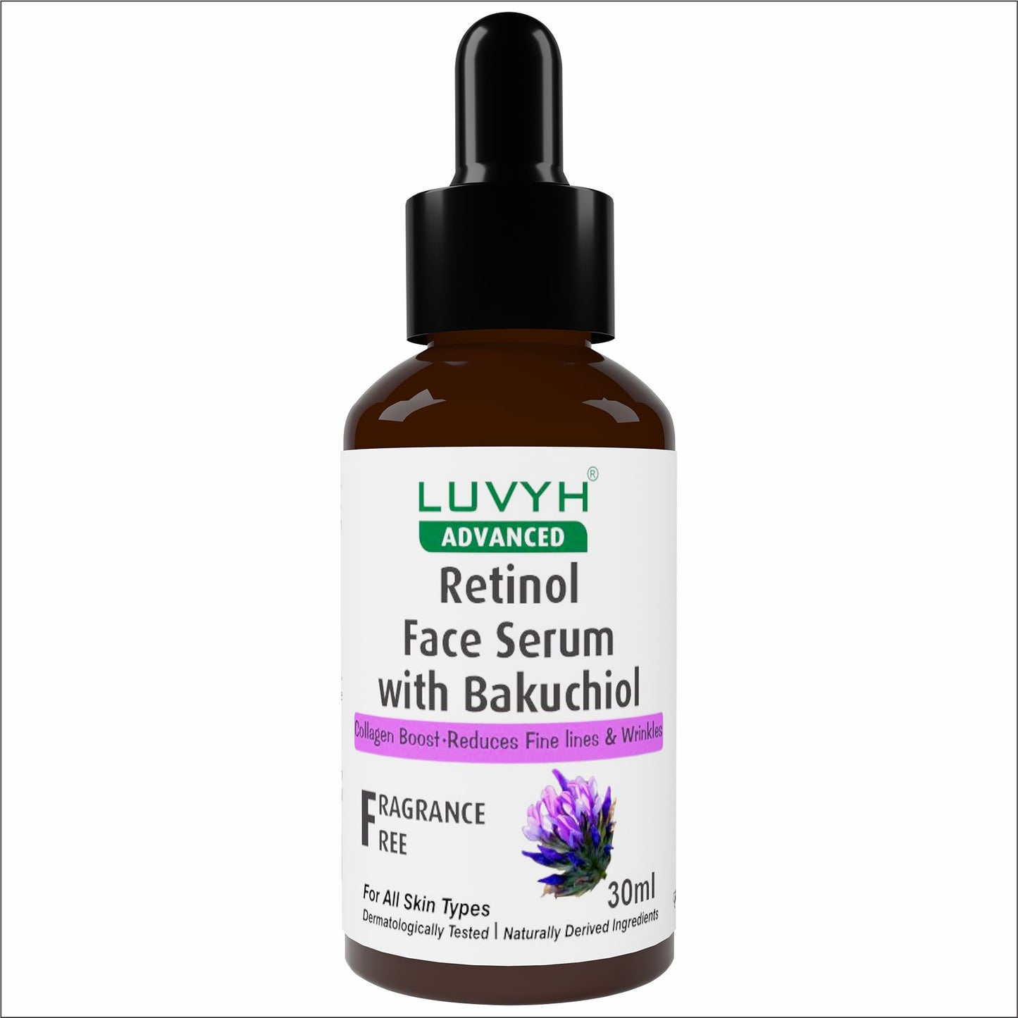 Luvyh Retinol Face Serum with Bakuchiol, Reduces Fine Lines & Wrinkles , Promotes Cell Turnover for Youthful, Smooth Skin , 100% Vegan & Fragrance-Free 30 ML