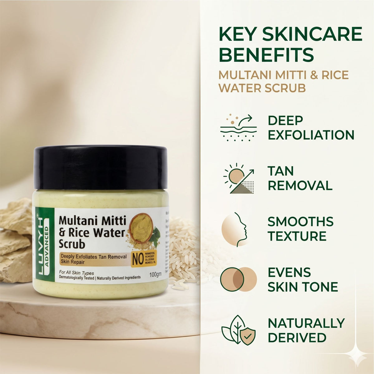 Luvyh Multani Mitti & Rice Water Scrub - 100g