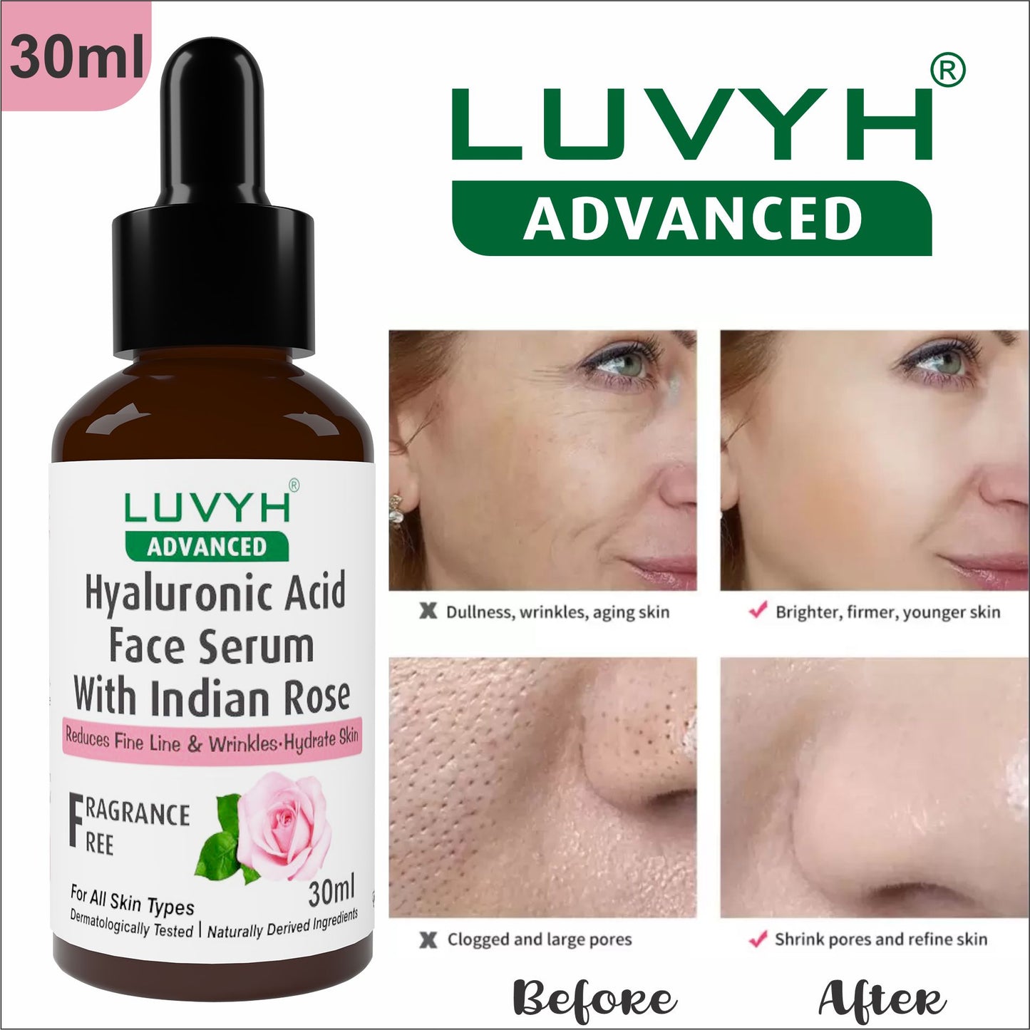 Luvyh Hyaluronic Acid Face Serum For Radiant, Glowing Skin (Fragrance & Paraben Free) 30ML
