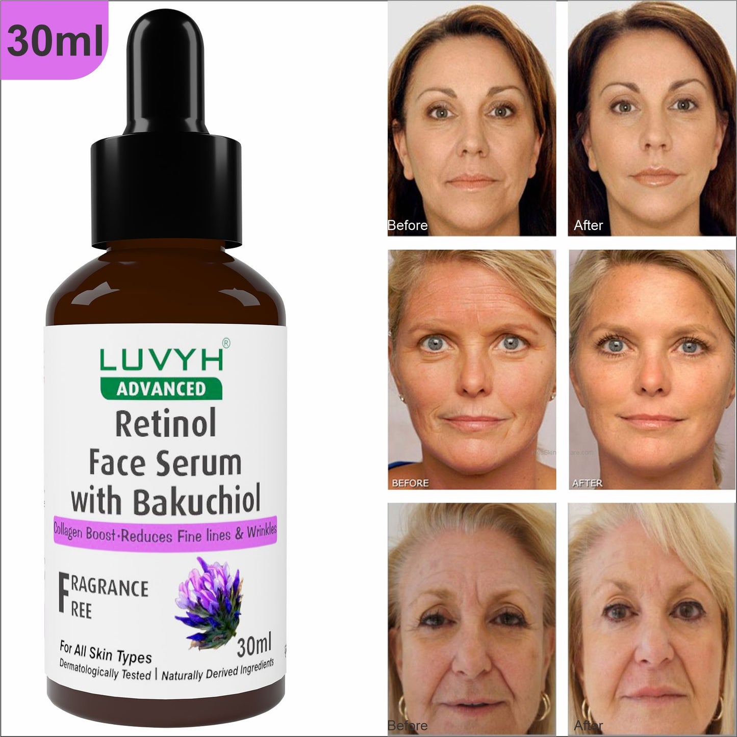 Luvyh Retinol Face Serum with Bakuchiol, Reduces Fine Lines & Wrinkles , Promotes Cell Turnover for Youthful, Smooth Skin , 100% Vegan & Fragrance-Free 30 ML